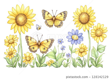 Vibrant Illustrations of Sunflowers and Butterflies in a Colorful Natural Landscape Design 128142129