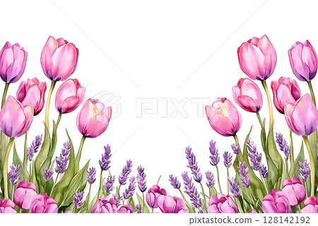 Delicate Pink Tulips and Lavender Flowers Arranged on a White Background for Design Delicate Pink Tulips and Lavender Flowers Arranged on a White Background for Design 128142192