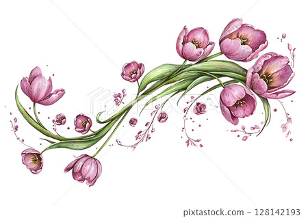 Delicate Pink Tulips with Green Leaves in Elegant Floral Arrangement for Artistic Designs Delicate Pink Tulips with Green Leaves in Elegant Floral Arrangement for Artistic Designs 128142193