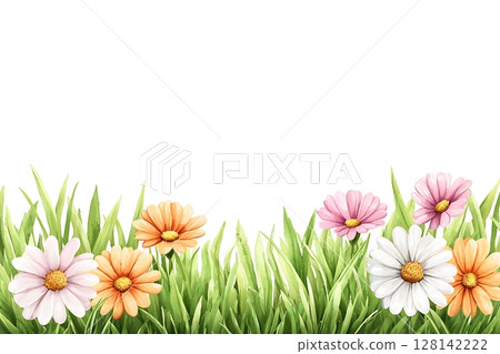 Vibrant Floral Meadow with Colorful Flowers and Lush Green Grass on White Background 128142222