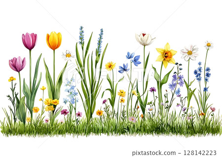 Vibrant Floral Arrangement with Diverse Blooms and Greenery on a Bright White Background 128142223