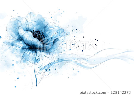 Elegant Blue Flower Illustration with Watercolor Splashes and Whimsical Lines 128142273