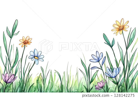 Vibrant Floral Arrangement with Colorful Wildflowers and Green Grass Against White Background 128142275