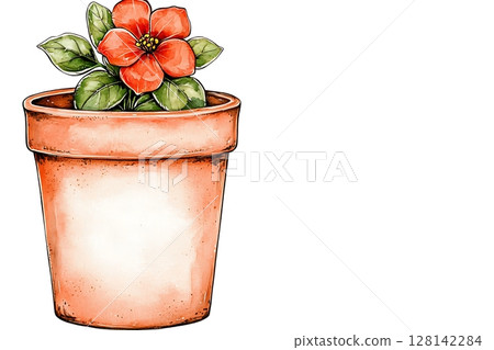 Delicate Orange Flower in Terracotta Pot with Green Leaves on White Background 128142284