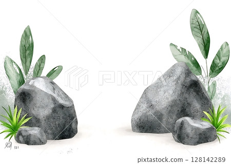 Serene Landscape with Smooth Stones and Lush Green Foliage in Watercolor Style 128142289