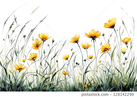 Vibrant Yellow Wildflowers Amidst Soft Green Grass in a Beautiful Watercolor Painting 128142290