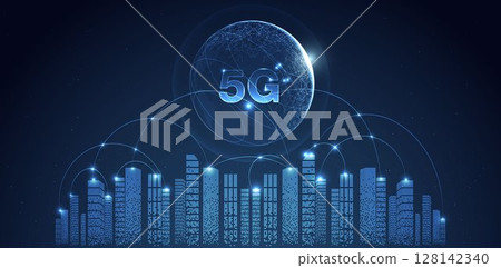 5G network wireless internet Wi-fi connection and internet of things with modern city skyline. Smart city and communication network concept. High speed, broadband telecommunication. vector design. 5G network wireless internet Wi-fi connection and internet of things with modern city skyline. Smart city and communication network concept. High speed, broadband telecommunication. vector design. 128142340