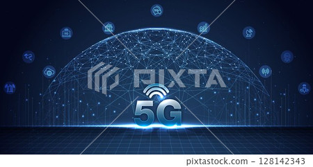 5G network wireless internet Wi-fi connection and internet of things with modern city skyline. Smart city and communication network concept. High speed, broadband telecommunication. vector design. 128142343
