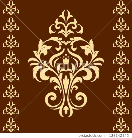 Damask graphic ornament. Floral design element. Golden and brown vector pattern Damask graphic ornament. Floral design element. Golden and brown vector pattern 128142345