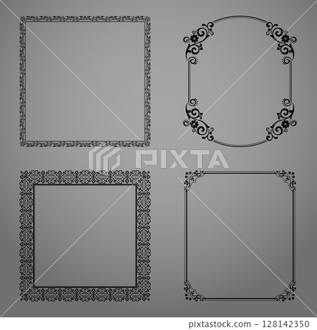 Set of decorative frames Elegant vector element for design in Eastern style, place for text. Floral black and gray borders. Lace illustration for invitations and greeting cards 128142350