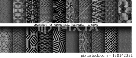 Geometric set of seamless black and gray patterns. Simple vector graphics 128142351