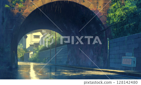 市中心隧道裡的雨天，動畫風格 128142480