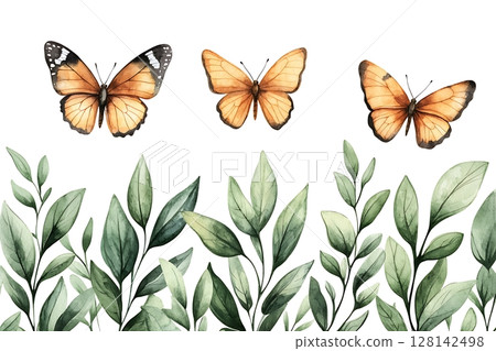 Beautiful watercolor butterflies and green leaves on white background for nature lovers 128142498