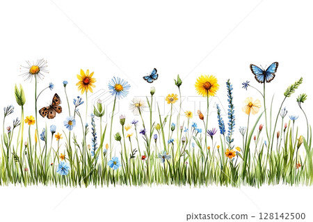 Colorful Wildflowers and Butterflies in a Vibrant Meadow Scene of Nature's Beauty 128142500