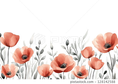 Delicate Watercolor Poppies with Soft Greens on White Background for Elegant Floral Design 128142588
