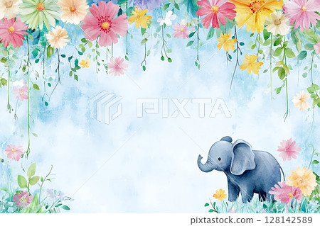 Cute Elephant Surrounded by Colorful Flowers in a Whimsical Pastel Background 128142589
