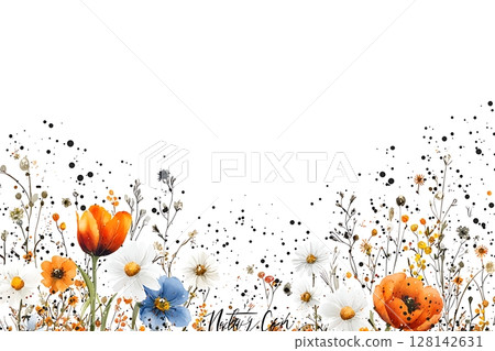 Colorful Flower Border Design with Orange, Blue, and White Floral Elements on a Bright Background 128142631