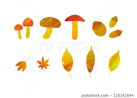 水彩風格的秋季素材集：紅葉、橡實和蘑菇的向量插圖 128142644