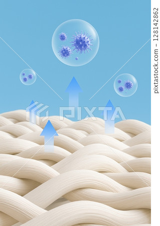 Illustration of antibacterial fabric technology showing viruses lifted away from woven fibers  128142862