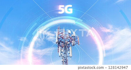 Telecommunication tower against blue sky with digital wireless network and futuristic technology interface for 5G, internet, and global data connection concept. communication network. 128142947