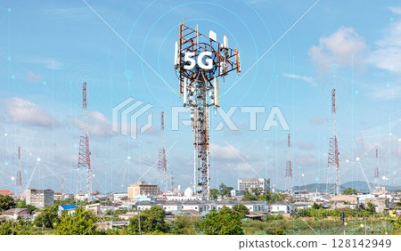 Telecommunication tower against blue sky with digital wireless network and futuristic technology interface for 5G, internet, and global data connection concept. communication network. Telecommunication tower against blue sky with digital wireless network and futuristic technology interface for 5G, internet, and global data connection concept. communication network. 128142949