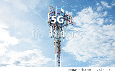 Telecommunication tower against blue sky with digital wireless network and futuristic technology interface for 5G, internet, and global data connection concept. communication network. Telecommunication tower against blue sky with digital wireless network and futuristic technology interface for 5G, internet, and global data connection concept. communication network. 128142950