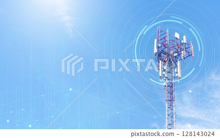 Telecommunication tower against blue sky with digital wireless network and futuristic technology interface for 5G, internet, and global data connection concept. communication network. Telecommunication tower against blue sky with digital wireless network and futuristic technology interface for 5G, internet, and global data connection concept. communication network. 128143024