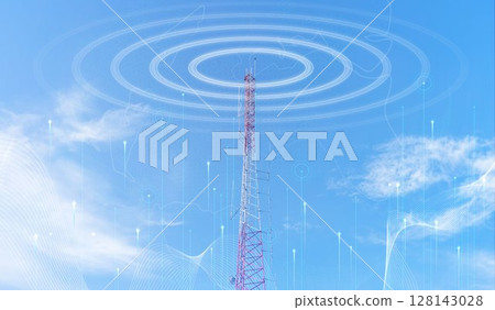 Telecommunication tower against blue sky with digital wireless network and futuristic technology interface for 5G, internet, and global data connection concept. communication network. Telecommunication tower against blue sky with digital wireless network and futuristic technology interface for 5G, internet, and global data connection concept. communication network. 128143028