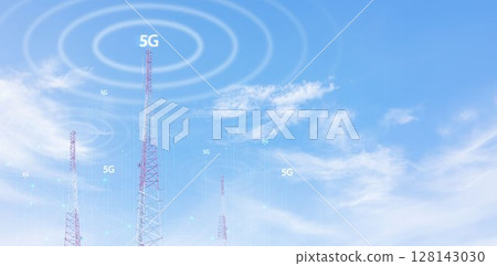 Telecommunication tower against blue sky with digital wireless network and futuristic technology interface for 5G, internet, and global data connection concept. communication network. 128143030
