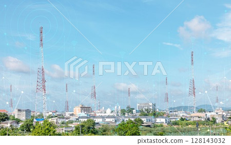Telecommunication tower against blue sky with digital wireless network and futuristic technology interface for 5G, internet, and global data connection concept. communication network. Telecommunication tower against blue sky with digital wireless network and futuristic technology interface for 5G, internet, and global data connection concept. communication network. 128143032