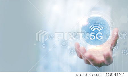 5G symbol new wireless internet wifi connection. Fifth innovative generation of the global high speed Internet network using modern digital devices. 128143041