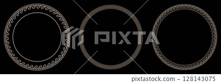 Collection of decorative gold round frames for design with Greek key, wave meander. Circle frame. Egyptian, Assyrian, Greek motif circular frame. Template for textiles, engraving, forging, embroidery 128143075