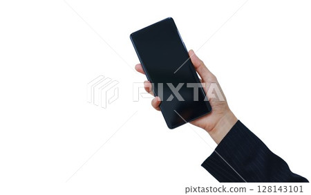 Businessman hand holding blank modern smartphone with large screen, isolated on white background, mockup template for app design, technology concept, clipping path included. 128143101
