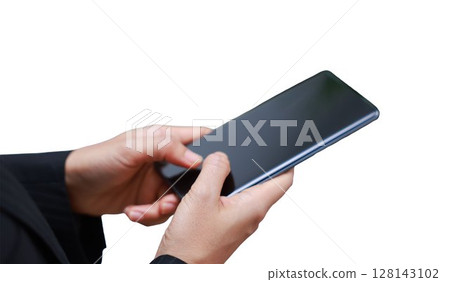 Businessman hand holding blank modern smartphone with large screen, isolated on white background, mockup template for app design, technology concept, clipping path included. Businessman hand holding blank modern smartphone with large screen, isolated on white background, mockup template for app design, technology concept, clipping path included. 128143102