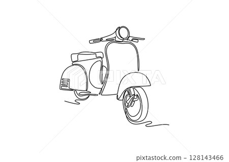 Continuous one line drawing classic vintage scooter, motor bike or moped for urban citizen. Stylish old retro scooter motorcycle for trip vacation. Single line draw design vector graphic illustration Continuous one line drawing classic vintage scooter, motor bike or moped for urban citizen. Stylish old retro scooter motorcycle for trip vacation. Single line draw design vector graphic illustration 128143466