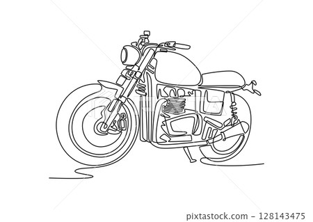 Single continuous line drawing custom bobber motorbike standing in an authentic creative workshop. Vintage style motorcycle in modern citizen garage. One line draw graphic design vector illustration 128143475