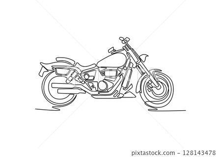 Single continuous line drawing side view of classic motorcycle standing on street city. Old motorcycle for touring or adventure in country or highway. One line draw graphic design vector illustration 128143478