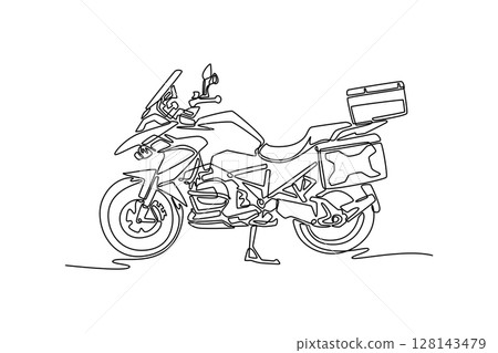 Single continuous line drawing side view classic luxury touring motorcycle parked in modern garage. Stylish custom motorbike for adventure or vacation. One line draw graphic design vector illustration 128143479
