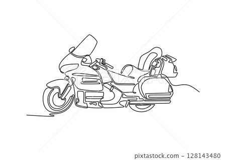 Single continuous line drawing classic luxury touring motorcycle on white background. Stylish custom motorbike for adventure, street vacation. Dynamic one line draw graphic design vector illustration 128143480