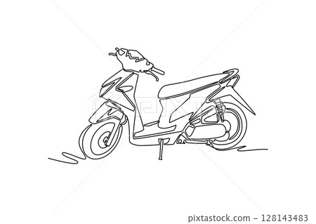 Single one line drawing moped scooter parked on city street. Ecological urban transport. Modern motorcycle for daily routine citizen mobility. Continuous line draw design graphic vector illustration 128143483