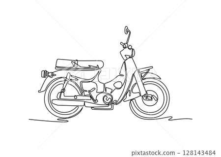 Single one line drawing side view of old retro moped motorbike on white background. Asian urban citizen motorcycle for commuting daily activity. Continuous line draw design graphic vector illustration 128143484