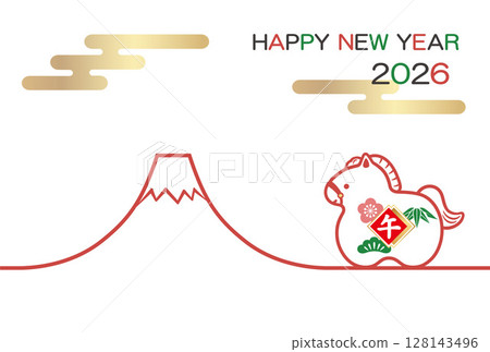 2026 New Year's card template with horse mascot and Mt. Fuji 128143496