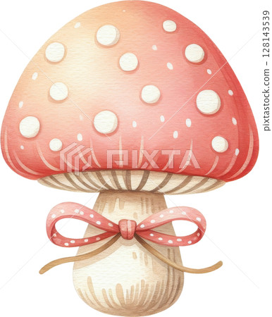 Coquette whimsical autumn mushroom with polka dot cap and bow Coquette whimsical autumn mushroom with polka dot cap and bow 128143539