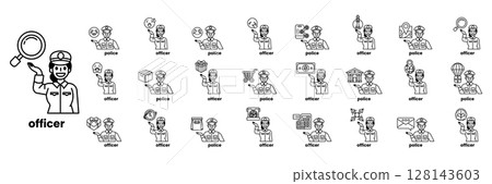 A collection of black and white icons, including a man with a magnifying glass 128143603