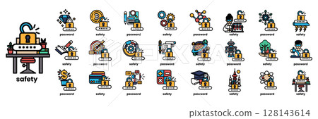 A collection of icons for various items, including a key, a computer, a book 128143614