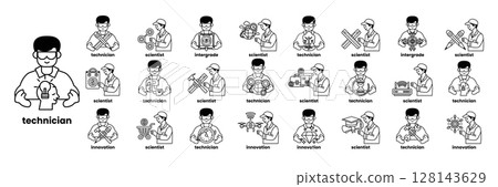 A series of black and white drawings of men in various work uniforms A series of black and white drawings of men in various work uniforms 128143629
