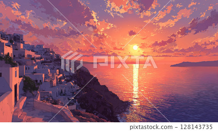 Spectacular Greek island sunset: fiery sky and sea illuminate the village 128143735