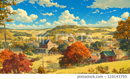 秋葉與西部鄉村小鎮風景,動漫風格 秋葉與西部鄉村小鎮風景,動漫風格 128143793