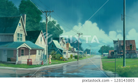 動漫風格的西部鄉村小鎮小雨場景 128143805