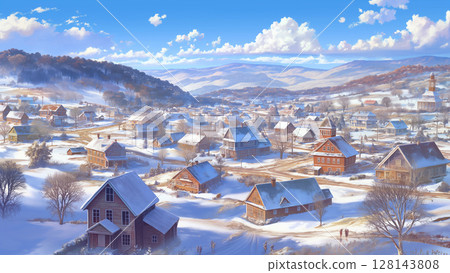 冬季白雪覆蓋的西部鄉村，卡通風格 128143808